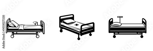 Different types of hospital beds are showcased, illustrating various designs and functions for patient care in medical settings