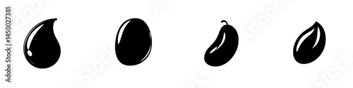 Collection of four simple black silhouettes representing different shapes of seeds or drops on a white background