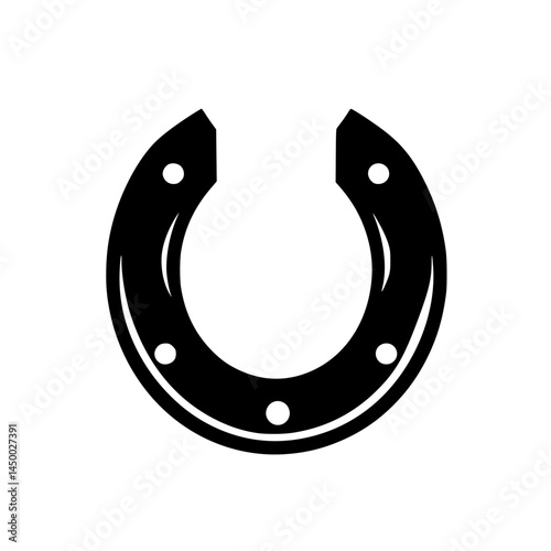 Detailed view of a black horseshoe showcasing its smooth curves and five nail holes for secure placement on a horse's hoof
