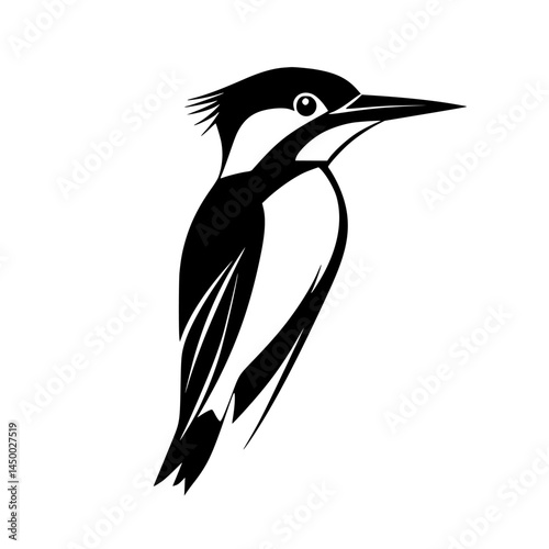 Unique black and white illustration of a kingfisher perched gracefully against a blank backdrop