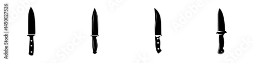 Different styles of kitchen knives displayed in a row with varying designs and blade shapes highlighting their unique characteristics