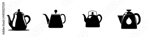 Various styles of teapots displayed in silhouette on a white background