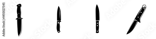 Various types of black knives arranged on a plain background with different shapes and sizes being showcased for culinary use