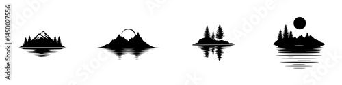 Silhouettes of mountains, islands, and trees reflecting in water during sunset or sunrise