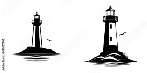 Two distinct lighthouse designs on rocky shores, showcasing nautical themes and coastal landscapes