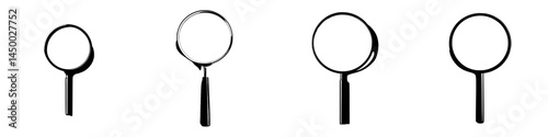 Different magnifying glasses arranged in a row showcasing various shapes and sizes on a plain background
