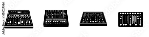 Mixing consoles displayed in a minimalist style showcasing their diverse shapes and functions for sound production