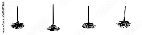 Various broom styles displayed in silhouettes showcasing cleaning tools for different surfaces and purposes