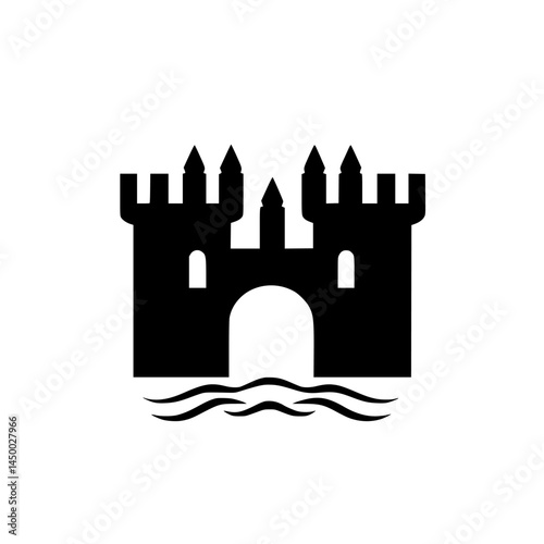 Castle silhouette with water waves in a minimalist design, showcasing a majestic fortress by the river