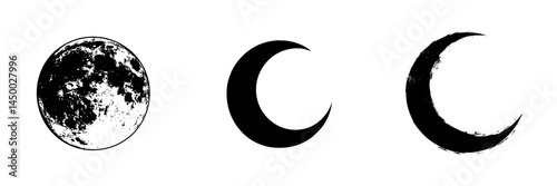 Different phases of the moon represented in black and white illustrations showcasing various moon shapes