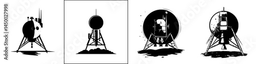 Exploration of futuristic rocket designs showcased in black and white illustrations with distinct structures and forms