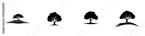 Different styles of tree silhouettes displayed in a row for design inspiration in graphic arts