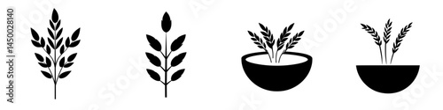 Various plant illustrations depicting leaves, flowers, and shrubs arranged in simple black silhouettes on a white background