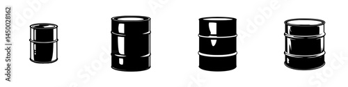Collection of black barrels in varying sizes lined up in a row on a plain background