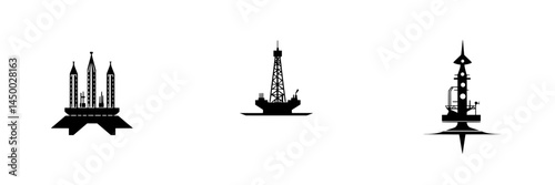 Different types of offshore oil rigs depicted in a sleek and modern graphic style showcasing industrial innovation and energy exploration