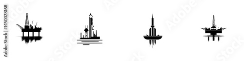 Various oil rig silhouettes showcase different designs in a coastal setting during sunset