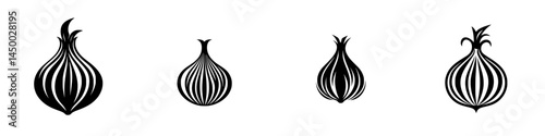 Various stylized onion designs illustrated in black and white on a white background