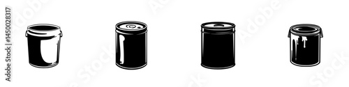 Various sizes and shapes of paint cans arranged in a row showcasing different designs and details