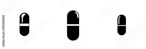 Different sizes of black capsules positioned in a straight line against a white background showcasing pharmaceutical design