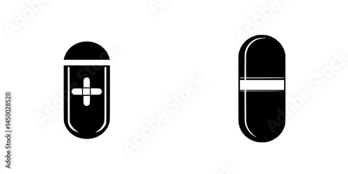 Black and white capsules representing medication types in a simple design with a focus on pharmaceutical symbols