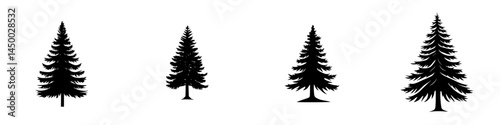 Various silhouettes of evergreen trees presented in black against a white background showcasing different shapes and sizes