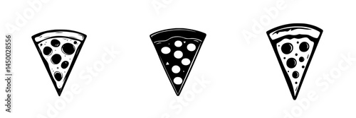 Creative pizza slice designs in black and white illustrating different toppings and shapes on a minimalist background