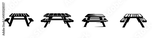Various styles of picnic tables displayed in silhouette, showcasing different designs and structures