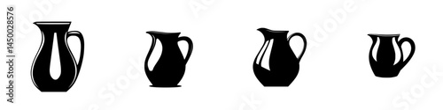 Various styles of black silhouette pitchers in different sizes displayed horizontally on a white background