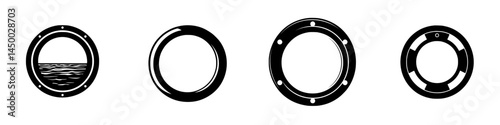 Illustration of four variations of porthole designs with ocean views and abstract styles