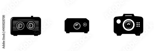 Various types of cameras and projectors displayed on a white background showcasing their distinct designs and features
