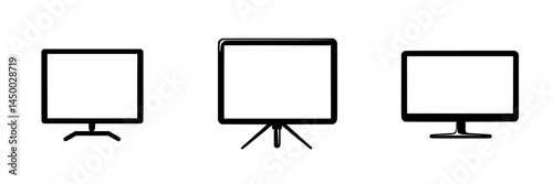Different types of computer monitors displayed with various stands and designs in a minimalist style