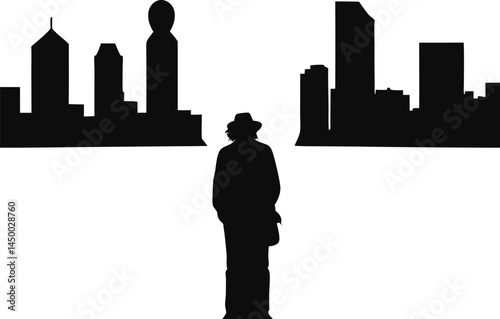 Silhouette of Lone Figure on Bridge Overlooking City Skyline