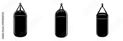 Different styles of boxing bags hanging in a gym for training, highlighting their shapes and designs