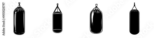 Different types of punching bags for martial arts training and fitness practice displayed in a row