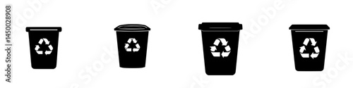 Different types of recycling bins for waste management in a modern urban environment during the day