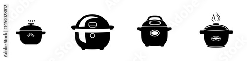 Various rice cookers displayed in a simple, modern style showcasing different shapes and functions for convenient cooking