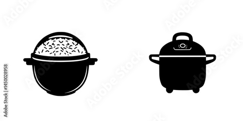 Cooking rice using a rice cooker beside a traditional pot on a plain background