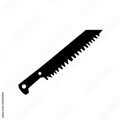 Long serrated saw with a black handle used in woodworking projects during daylight hours