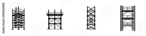 Various designs of scaffolding structures showcased in a minimalist style for construction applications