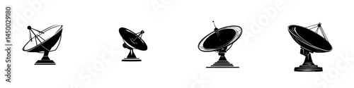Different satellite dishes arranged in a row showcasing various sizes and styles in a monochromatic design