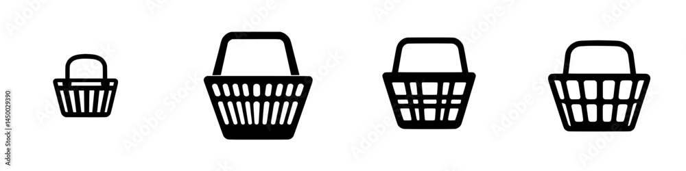 Various sizes of shopping baskets displayed in a simple layout with a monochrome design Various sizes of shopping baskets displayed in a simple layout with a monochrome design