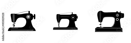 Collection of vintage sewing machines displayed in a minimalist style with black and white color scheme