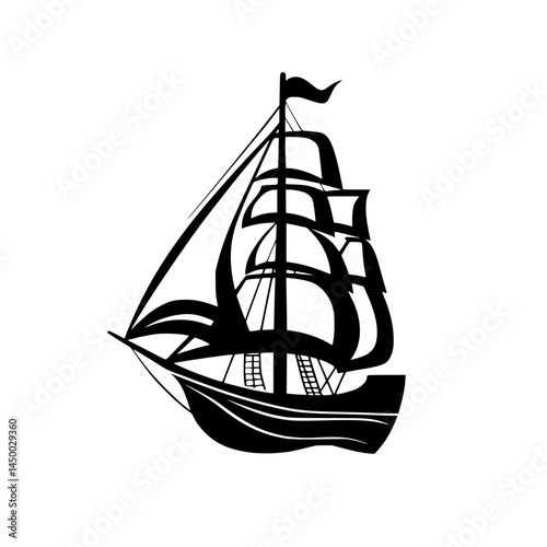Old sailing ship in black silhouette against a light background, showcasing craftsmanship and nautical design