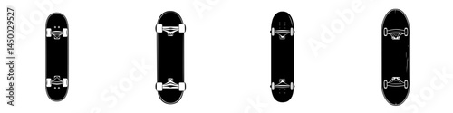 Skateboards in various angled views showcasing design and features during daylight in a minimalistic setting