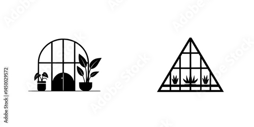 Different designs of plant greenhouses showcasing unique styles and structures with plants adorning the interiors and exteriors