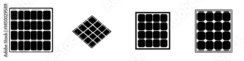 Variations of solar panel designs arranged in a grid showcasing different configurations and shapes for renewable energy applications