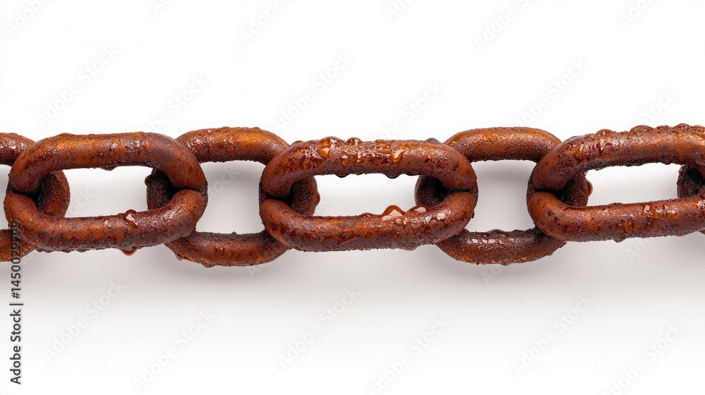 Fototapeta premium Macro shot of a bicycle chain link with visible grease details, sharp clarity on an immaculately white background.