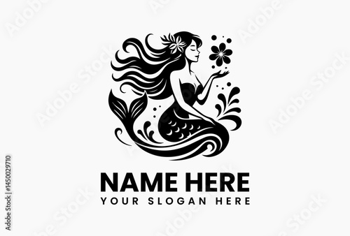 Single-line mermaid silhouette, modern minimalist logo for swimwear and eco-conscious brands