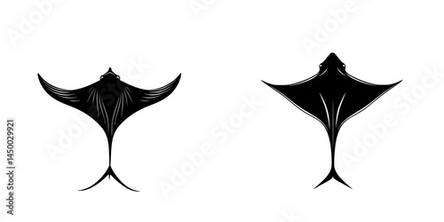 Stylized black silhouettes of stingrays on a plain background depicting aquatic grace and motion