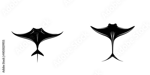 Unique contrasting designs of manta rays displayed on a white background showcasing their elegant shapes and silhouettes